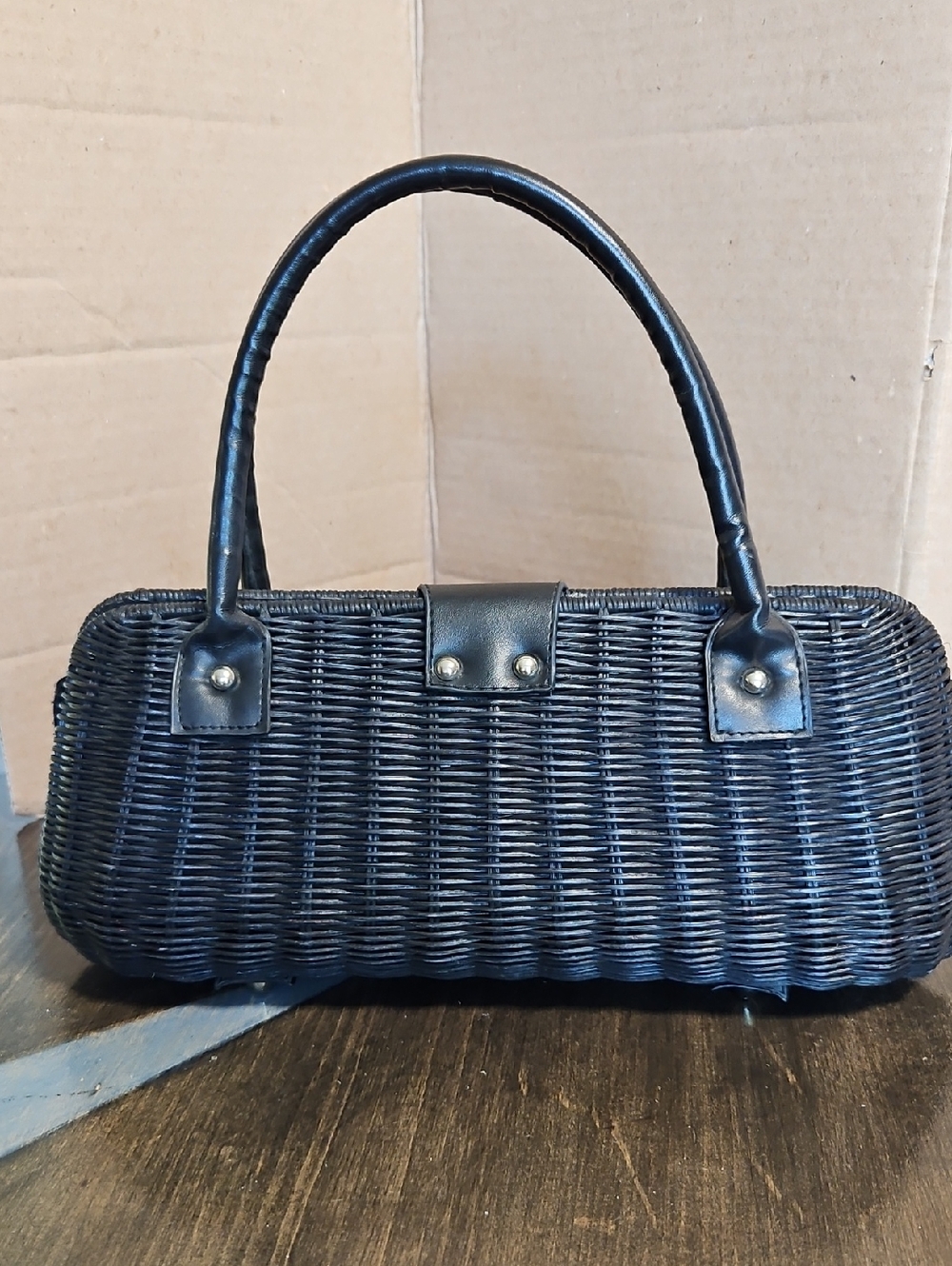 Vtg. Bulaggi Black Wicker Baguette Handbag Satchel Y2K Grommet Hardwear - Picture 4 of 8